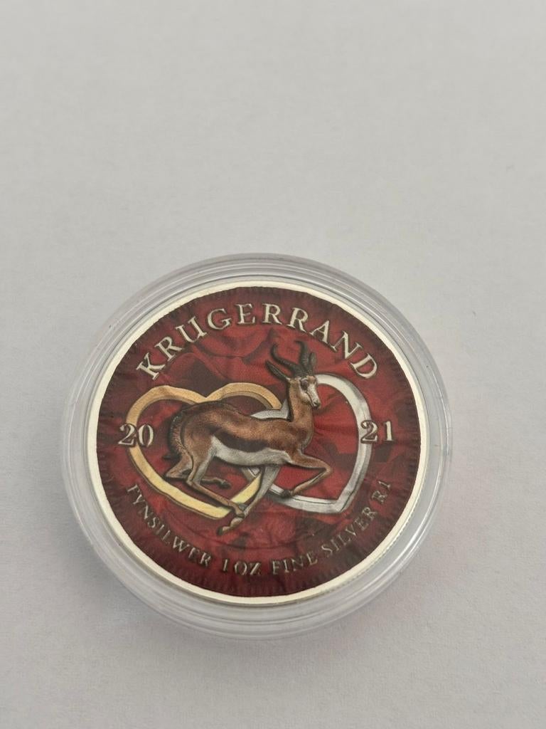 Krugerrand coloured two hearts 2021 zilver 1 oz, Ophalen of Verzenden, Zuid-Afrika, Losse munt, Zilver