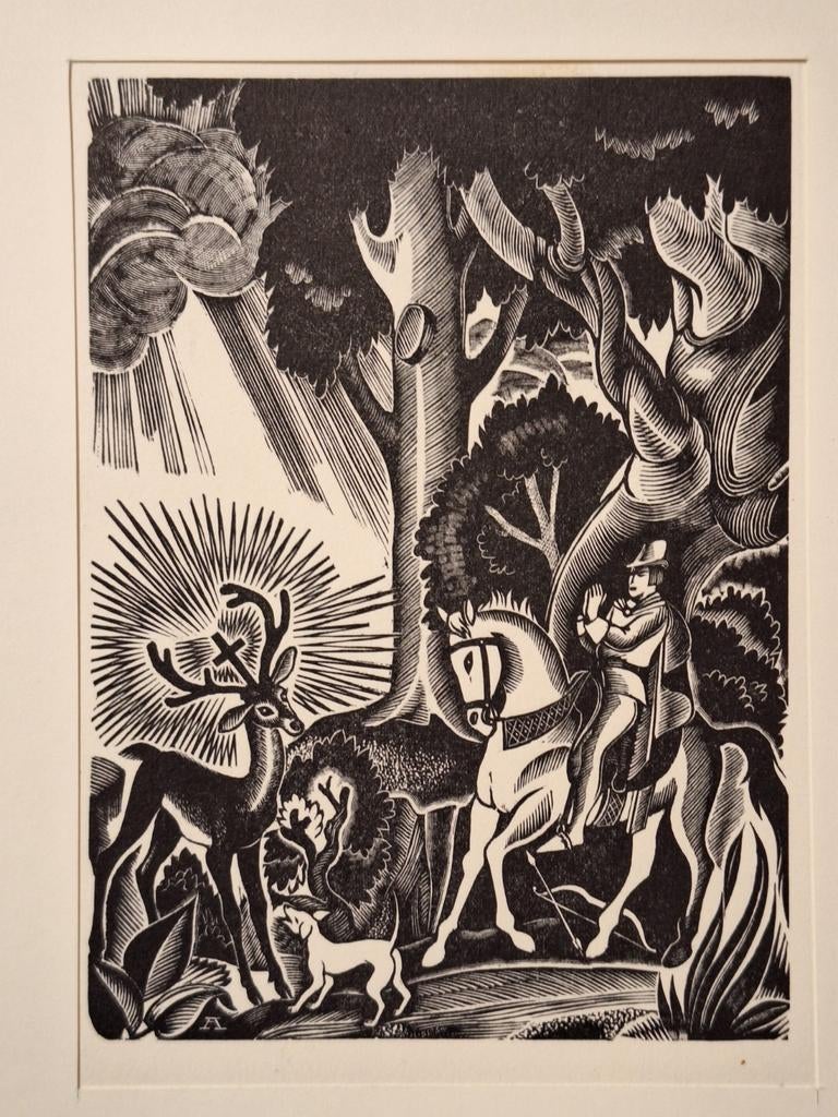 Houtsnede Sint Hubertus door Desiré Acket (1939), Antiek en Kunst, Religie, Ophalen of Verzenden, Origineel, Houtsnede