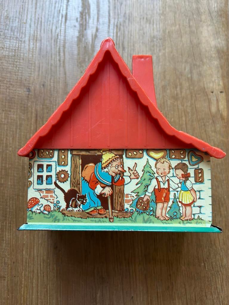 Oude blikken spaarpot, vintage Hans en grietje sprookjes, Ophalen of Verzenden, Gebruikt, Metaal of Blik, Overige thema's