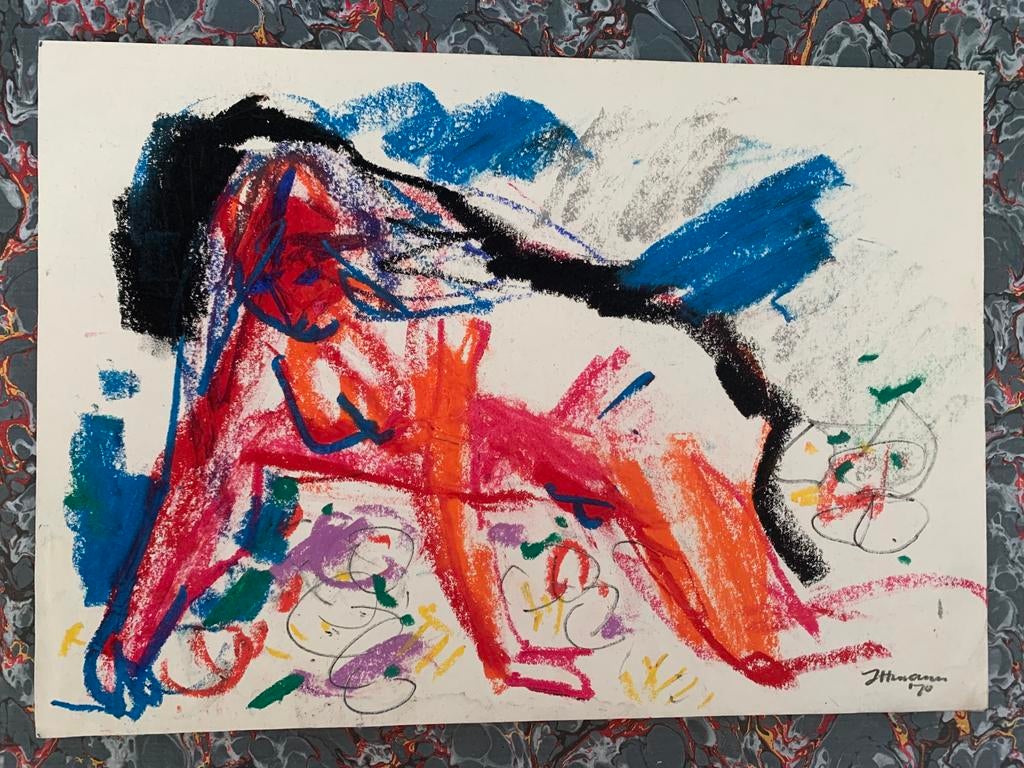 Hans Ittmann oliekrijt tekening gesigneerd en 1970, Ophalen of Verzenden