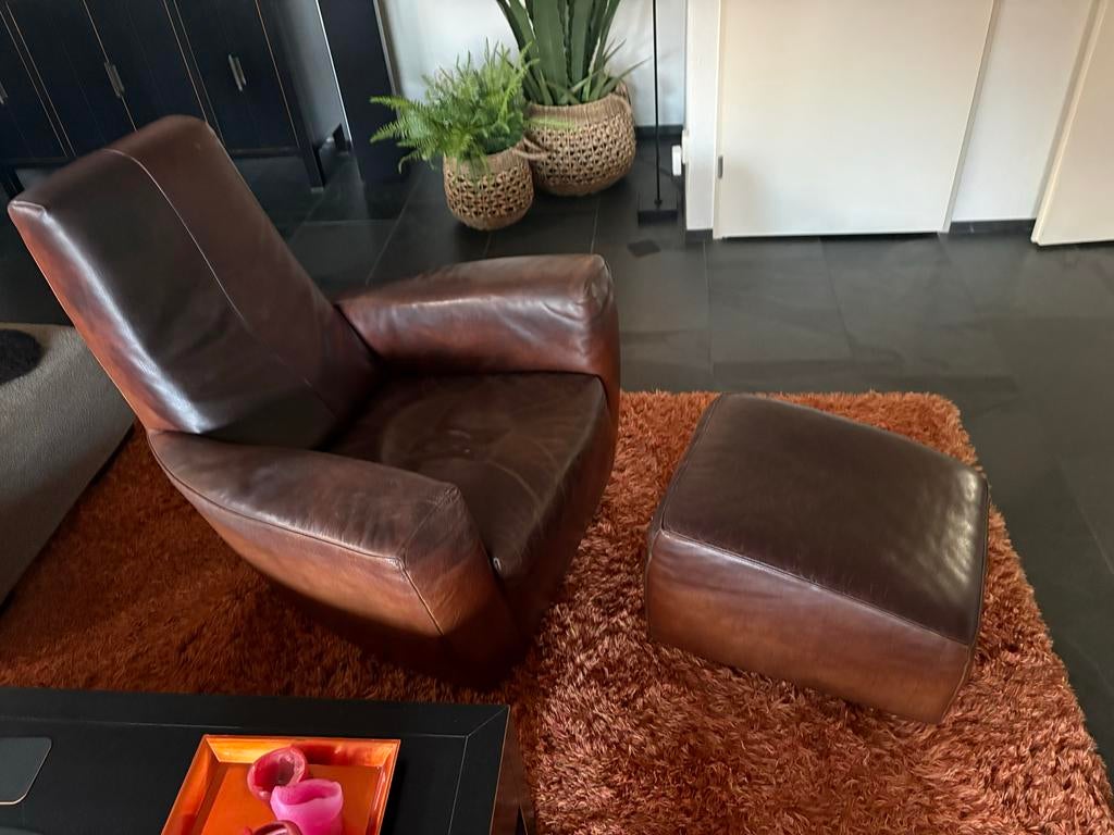 Longa Stoel en Hocker van Label Gerard van den Berg, Gebruikt, Bruin, Leer, Ophalen of Verzenden