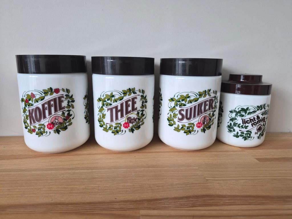 Vintage 'Douwe Egberts' voorraadpotten, Huis en Inrichting, Glas, Ophalen of Verzenden, Zo goed als nieuw, Voorraadpot