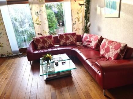 Leolux halfrond bankstel rood leder 2,5 + 3 zits., Ophalen, 250 tot 300 cm, Gebruikt, Leer