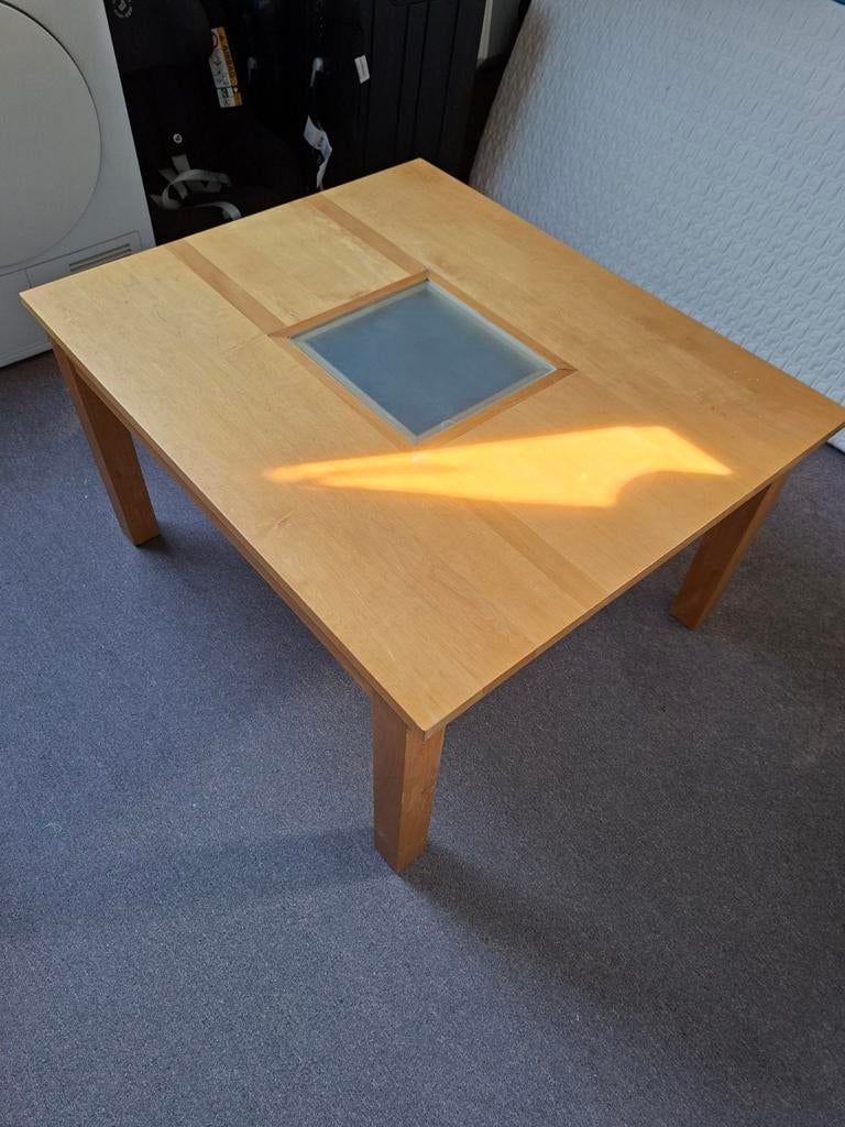 Unieke handgemaakte salontafel van beuken- en esdoornhout, Huis en Inrichting, Tafels | Salontafels, Ophalen, 50 tot 100 cm, Glas