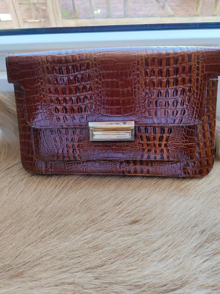 Vintage Bruine Krokodillen Clutch Tas Jaren '70, Sieraden, Tassen en Uiterlijk, Tassen | Damestassen, Ophalen of Verzenden