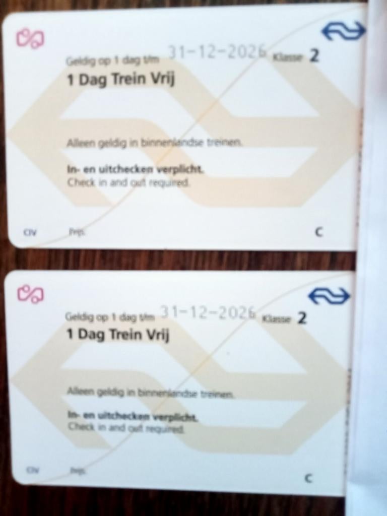 Dagkaarten vrij reizen trein door heel Nederland, Tickets en Kaartjes, Twee personen, Trein, Algemeen kaartje