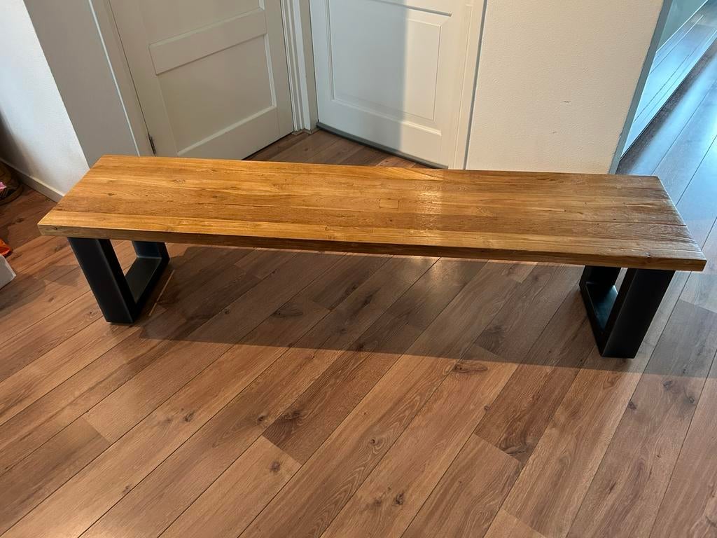 Houtenbank met metalen onderstel., Ophalen, Overige materialen, Minder dan 75 cm, 150 tot 200 cm