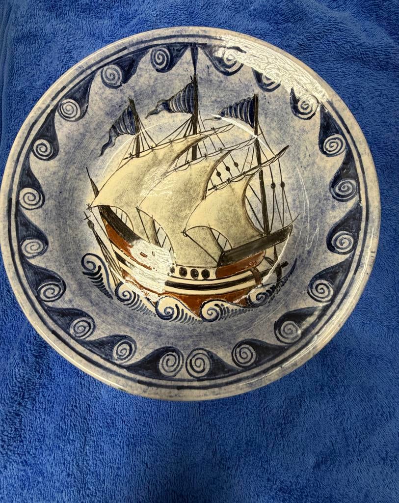 Decoratief bord met zeilschip - Handgeschilderd Grieks, Ophalen of Verzenden