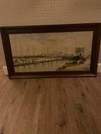 Olieverfschilderij havengezicht met boten en kranen, Antiek en Kunst, Ophalen of Verzenden