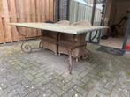 Hardstenen tafel met smeedijzeren onderstel, Tuin en Terras, Ophalen of Verzenden, Gebruikt, Rechthoekig, Metaal