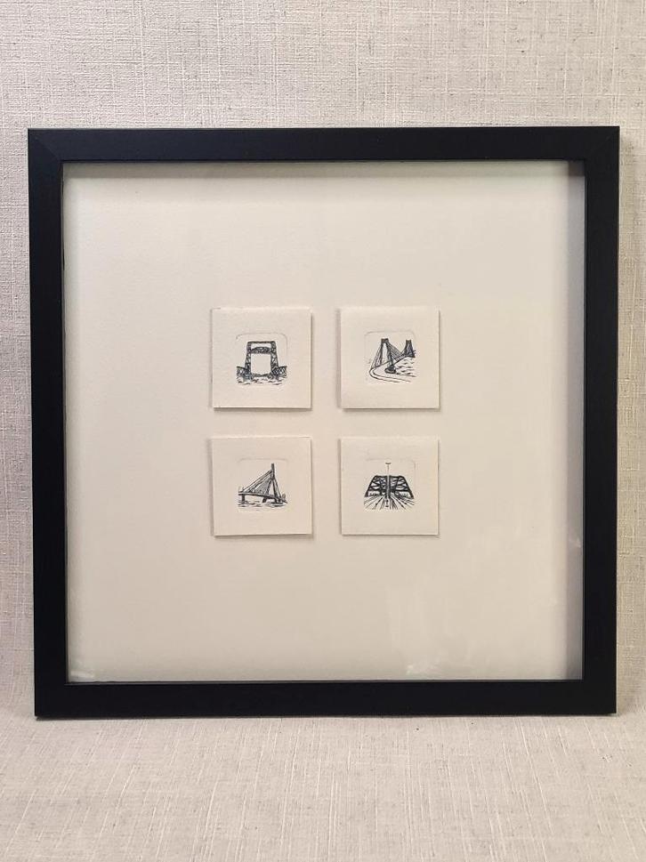 Vierluik etsjes Rotterdam, 30x30 cm incl. 3D lijst, Huis en Inrichting, Woonaccessoires | Schilderijen, Tekeningen en Foto's, Nieuw