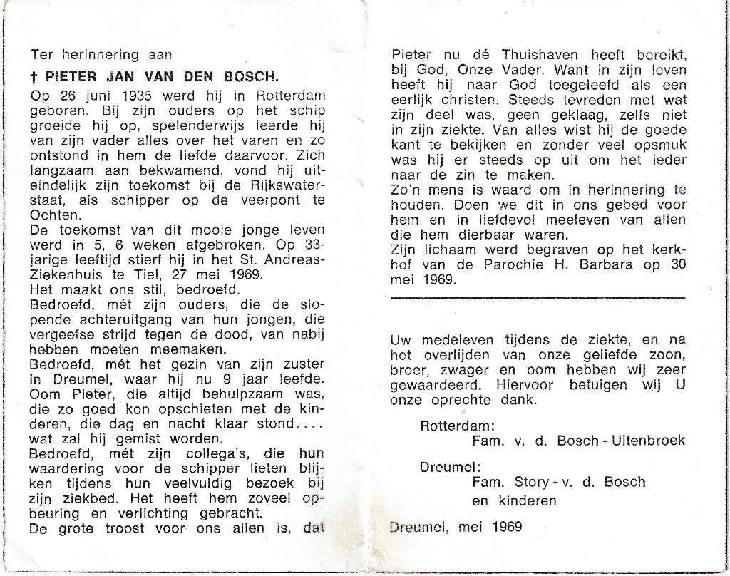 Pieter Jan van Den Bosch Rotterdam 1935   Tiel 1969, Verzamelen, Bidprentjes en Rouwkaarten, Ophalen of Verzenden, Bidprentje