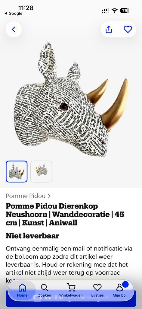 Pomme Pidou Neushoorn Wanddecoratie - Uniek Design, Huis en Inrichting, Woonaccessoires | Wanddecoraties, Zo goed als nieuw, Ophalen of Verzenden