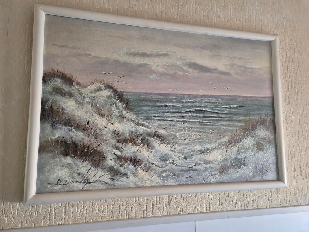 Schilderij zee en duinen met witte omlijsting, Antiek en Kunst, Kunst | Schilderijen | Klassiek, Ophalen