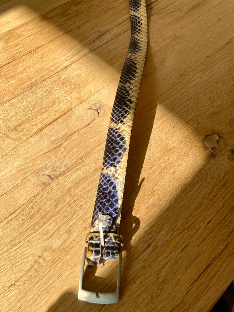 Blauw Cremé Handgemaakte Slangen Leren Riem, Overige kleuren, Echt leder, Tailleriem, Ophalen of Verzenden