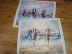 2x Vintage Schilderij paardenrace paarden polo olieverf doek, Ophalen of Verzenden