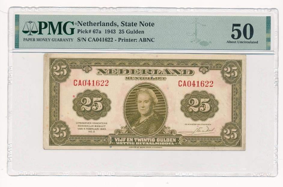 Nederland 25 gulden 1943 Wilhelmina PMG 50, Postzegels en Munten, Bankbiljetten | Nederland, Ophalen of Verzenden, 25 gulden