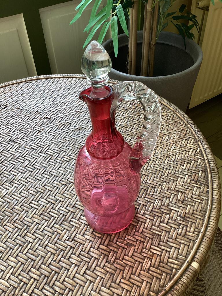 Antieke cranberry glazen karaf met stop, Ophalen of Verzenden