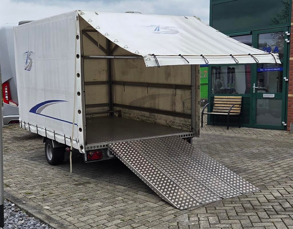 Aanhangwagen aluminium met huif en oprijplaten, Ophalen, Gebruikt