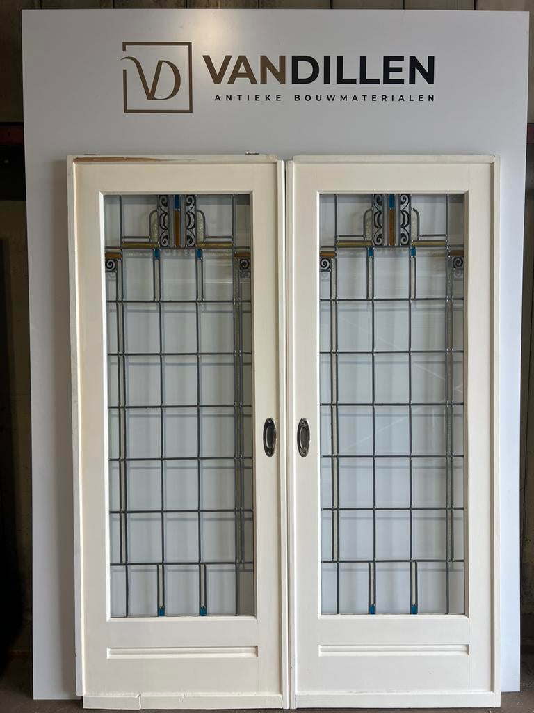 Antieke ensuite schuifdeuren glas in lood met motief