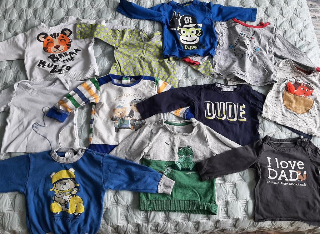 12 Tops met lange mouwen (maat 74-80), Kinderen en Baby's, Babykleding | Maat 74, Ophalen of Verzenden, Gebruikt, Jongetje, Shirtje of Longsleeve