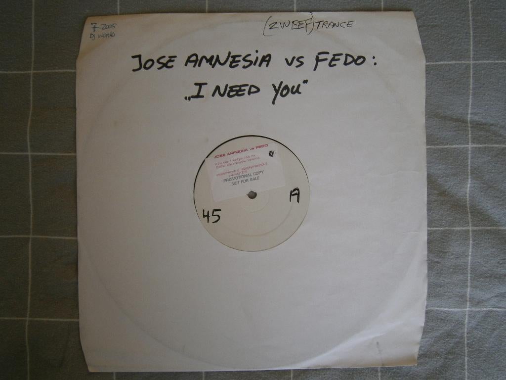 Jose Amnesia vs Fedo – I Need You. 2005. Progressive Trance, Cd's en Dvd's, Ophalen, Zo goed als nieuw, 12 inch, Techno of Trance