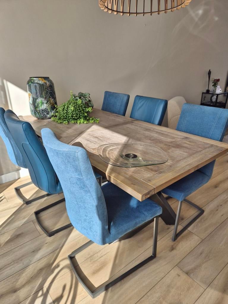 Tafel Amerikaans eiken + 6 turquoise stoelen..Prachtset !!, Huis en Inrichting, Tafels | Eettafels, Eikenhout, 200 cm of meer