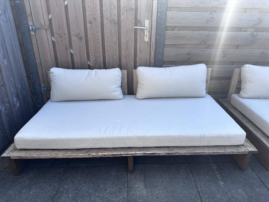 1 Houten loungebank met ecru kussens en opbergzak, Ophalen, Gebruikt, Hout