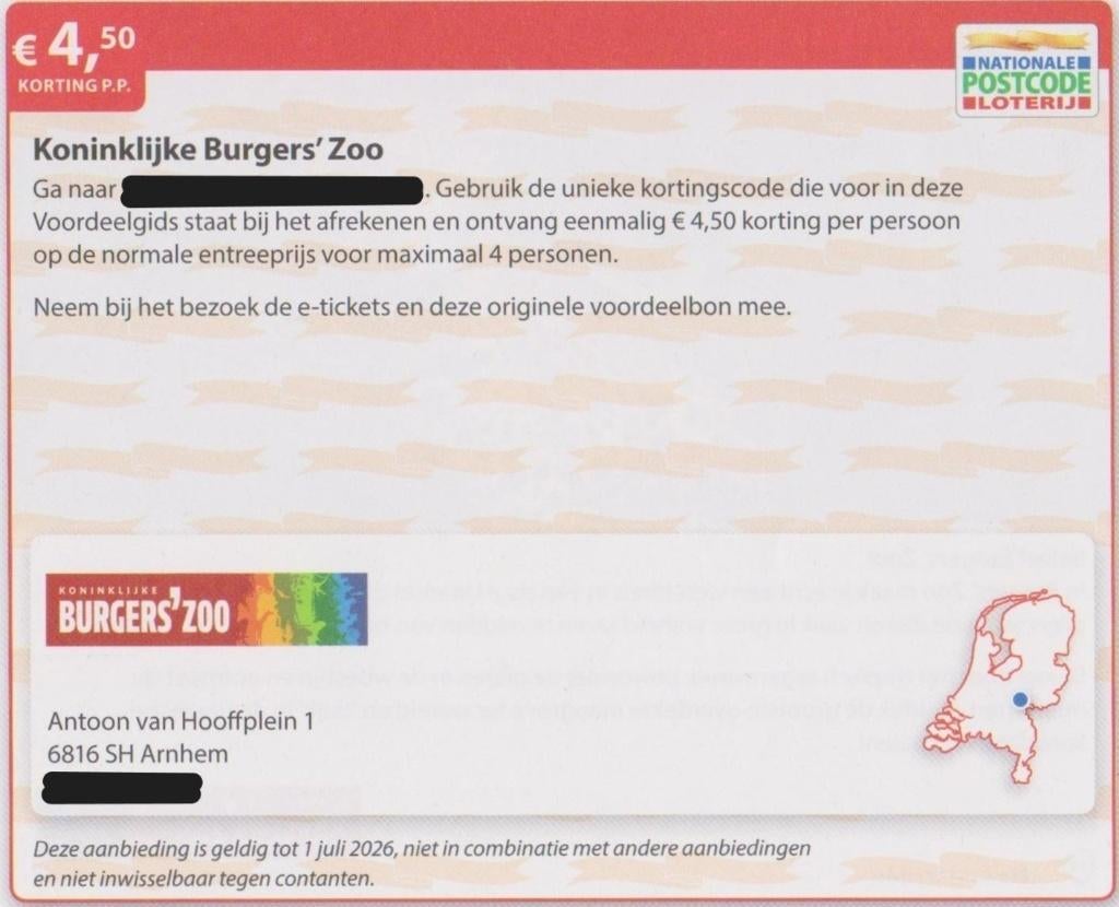 Koninklijke Burgers'Zoo € 4,50 korting p.p. Postcode bon., Tickets en Kaartjes, Drie personen of meer, Kortingskaart