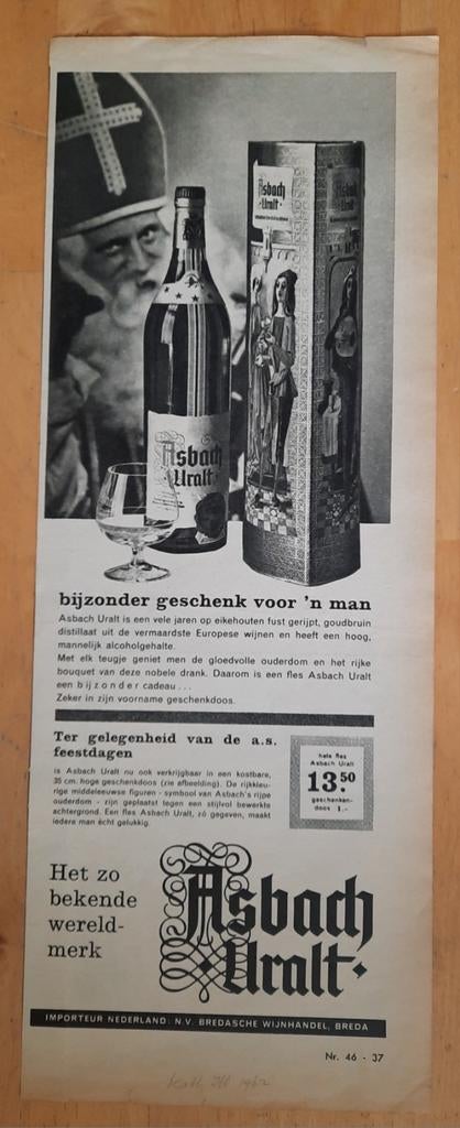 Vintage Sinterklaas - Asbach Uralt Advertentie - 1962, Verzamelen, Ophalen of Verzenden, 1960 tot 1980