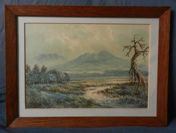Aquarel Landschap met bergen Indonesië, gesigneerd hxb 29x39, Antiek en Kunst, Kunst | Schilderijen | Klassiek, Ophalen of Verzenden