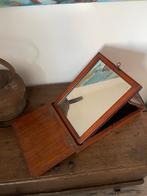 Antieke reis spiegel in houten box., Verzenden, Overige vormen, Minder dan 50 cm, Minder dan 100 cm