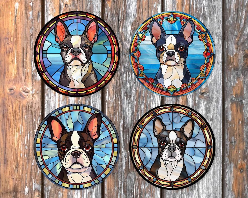 Boston Terriër Glas in Lood onderzetters met houder rond, Ophalen of Verzenden, Nieuw, Glas of Kopje
