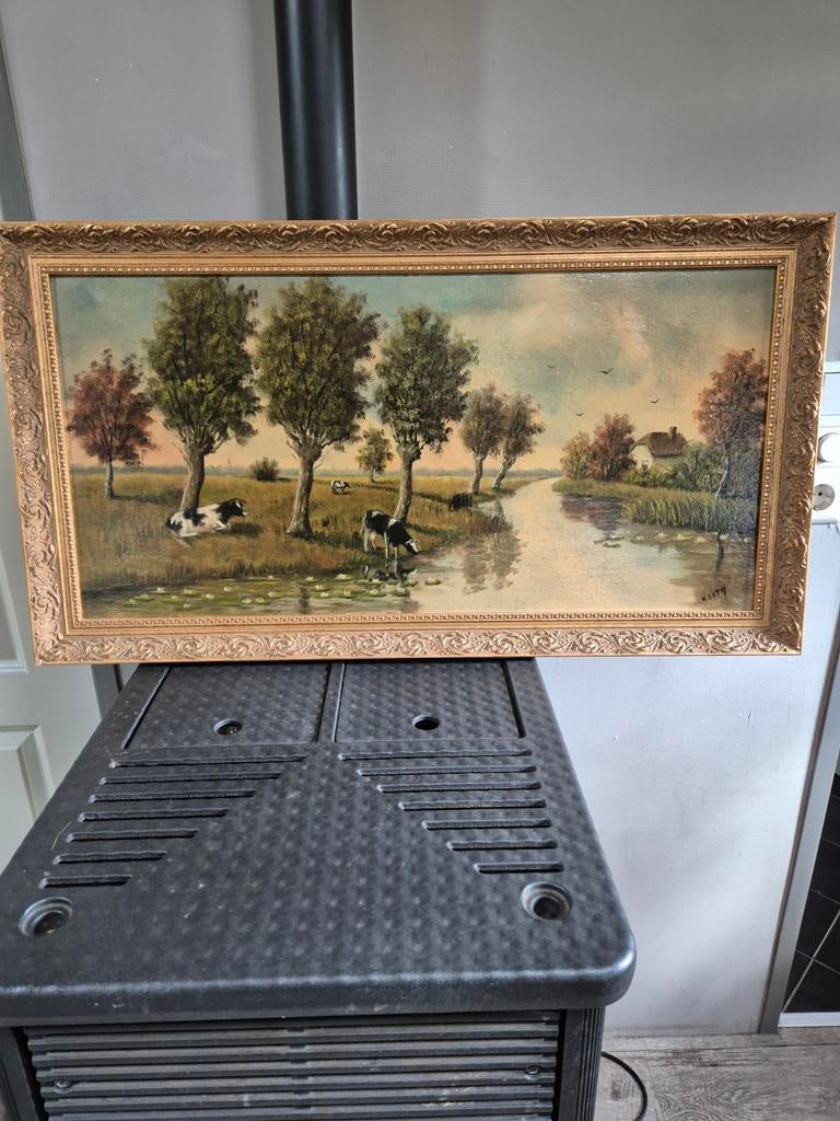 Olieverfschilderij V. Lith - Hollands landschap met koeien, Antiek en Kunst, Ophalen of Verzenden
