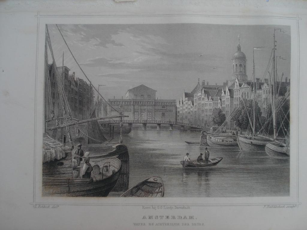 012 Amsterdam Achterzijde Beurs Staalgravure 1860, Antiek en Kunst, Kunst | Etsen en Gravures, Ophalen of Verzenden