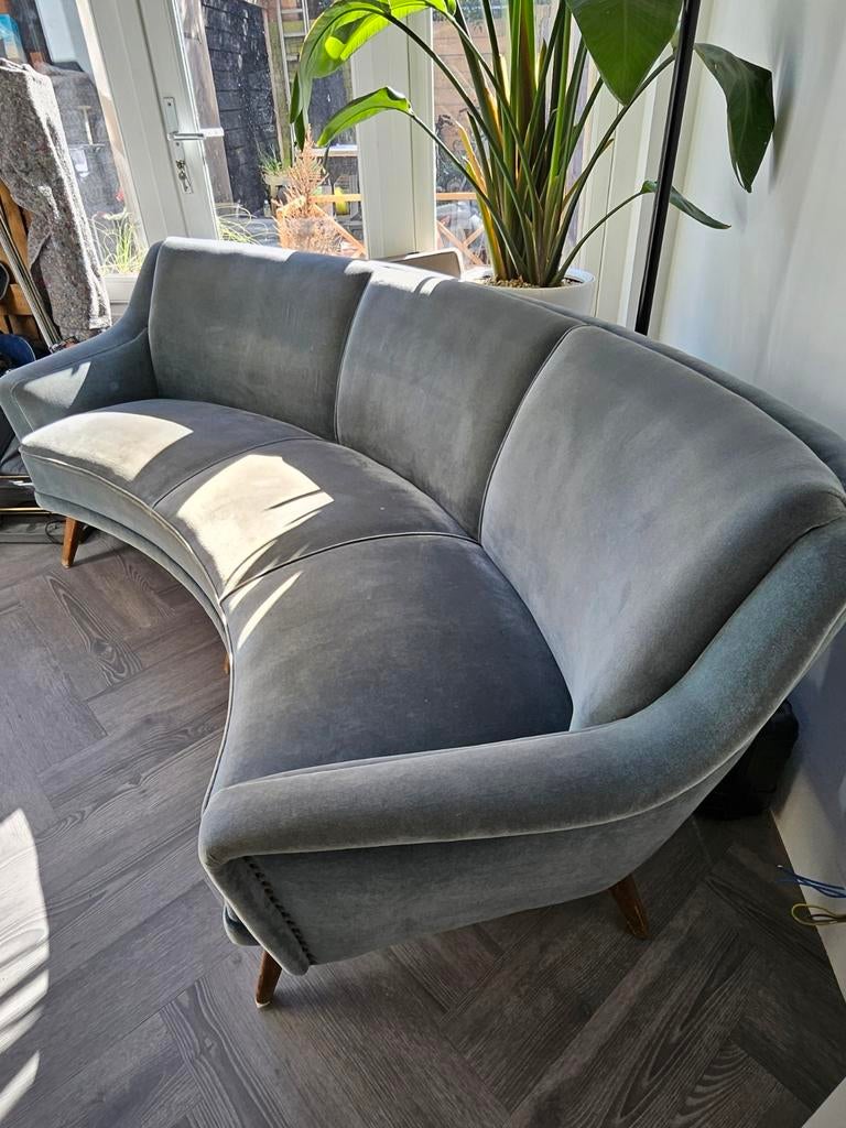 Vintage Ronde Bank - Blauwgrijze Velours - Uniek Design, Ophalen