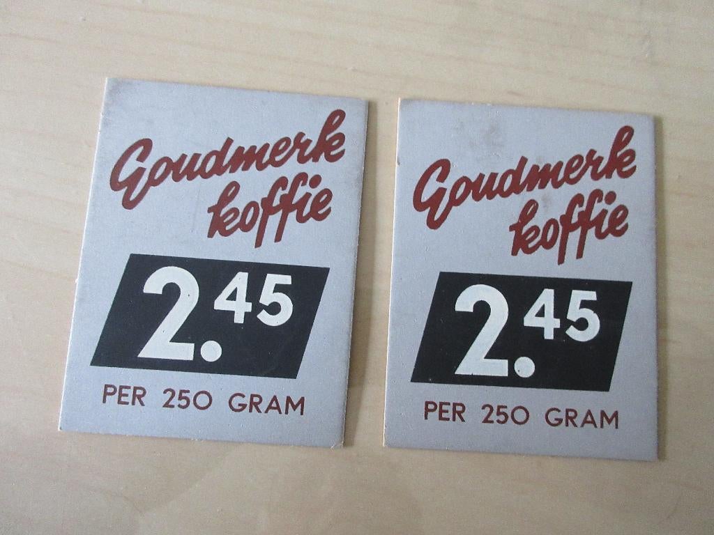2 oude kartonnen prijskaartjes Van Nelle goudmerk koffie., Verzamelen, Ophalen of Verzenden, Zo goed als nieuw, Reclamebord