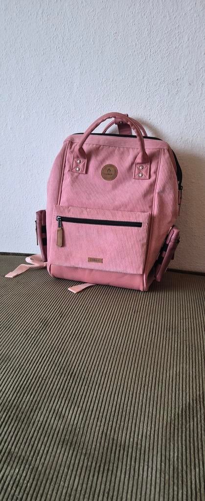 Cabaia rugzak oudroze ribstof met leren zijzakjes, Overige merken, 25 tot 40 cm, Ophalen of Verzenden, Zo goed als nieuw