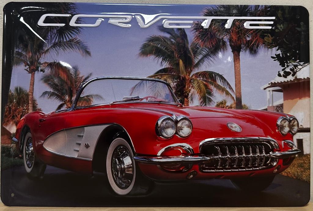 Chevrolet Corvette rood relief reclamebord van metaal deco, Ophalen of Verzenden, Nieuw, Auto's