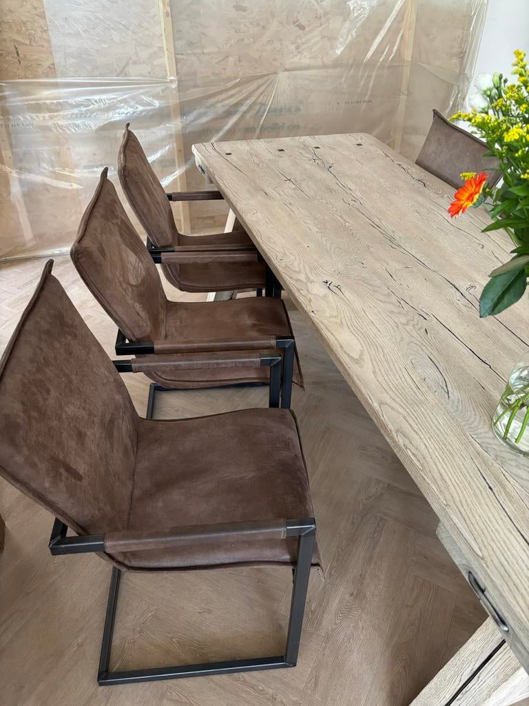 Set van 8 leverkleurige eetkamerstoelen, Ophalen, Gebruikt, Bruin, Metaal