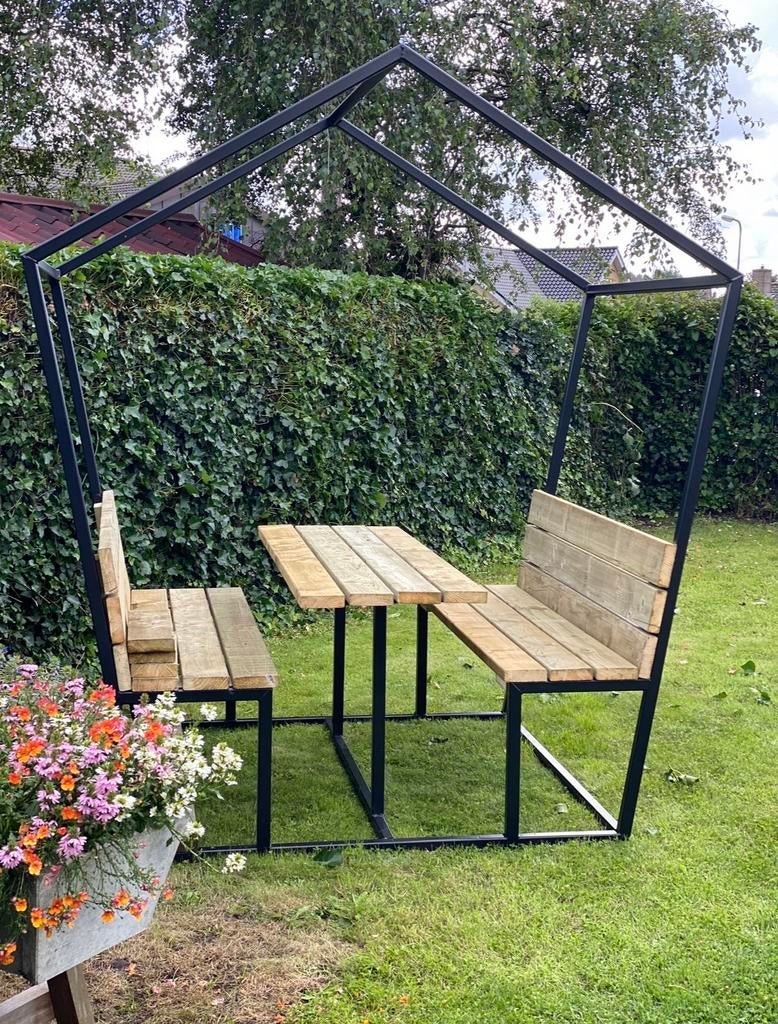 Unieke Tuinsets met Stalen Frame en Houten Banken, Tuin en Terras, Tuinsets en Loungesets, Ophalen, Meer dan 8 zitplaatsen, Zo goed als nieuw