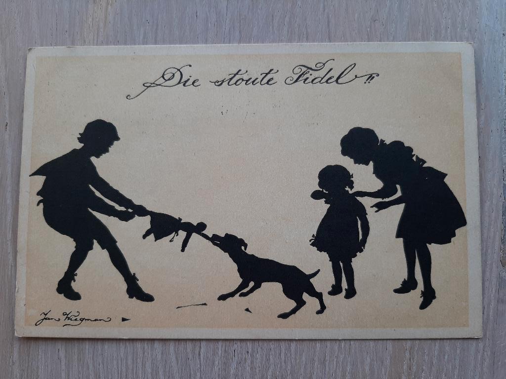 getekende silhouet kaart Jan Wiegman stoute Fidel, hond 1927, Verzamelen, Ophalen of Verzenden, 1920 tot 1940, Gelopen, Overige thema's