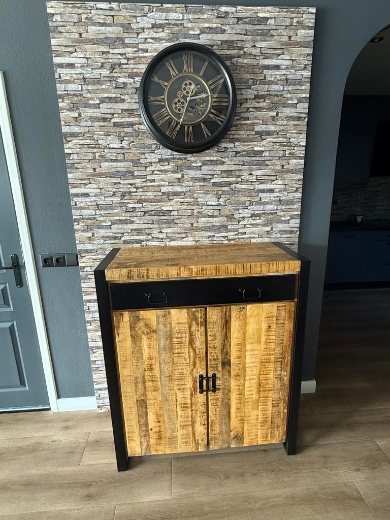 Industriële mango Houten Kast met 2 Deuren en Lade, Huis en Inrichting, Kasten | Overige, Ophalen, Zo goed als nieuw