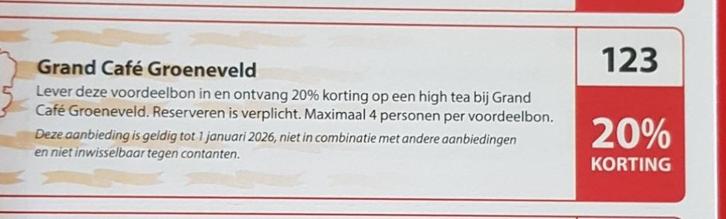 Grand Café Groeneveld 20% kortingsbon, Tickets en Kaartjes, Kortingen en Cadeaubonnen, Drie personen of meer, Kortingsbon