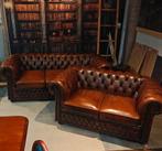 Set - Antiek Bruine Originele Chesterfield 3-zits en 2-zits, Huis en Inrichting, Banken | Bankstellen, 75 tot 100 cm, Ophalen of Verzenden