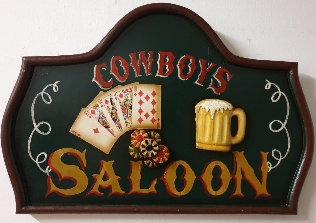 Cowboys Saloon kaarten bier houten pubbord reclamebord, Info@deconoord.nl, Deco Noord, Nieuw, Ophalen of Verzenden