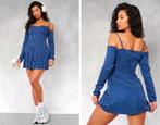 Navy pinstripe off-shoulder dress Classy Old School vibe, Blauw, Nieuw, Ophalen of Verzenden, Maat 34 (XS) of kleiner