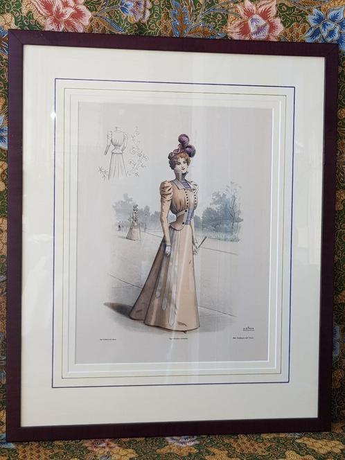 Prachtige antieke ingelijste mode gravure uit Frankrijk., Antiek en Kunst, Kunst | Etsen en Gravures, Ophalen of Verzenden
