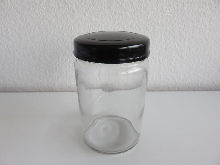 Glazen voorraadpot met zwart bakelieten schroefdeksel, Antiek en Kunst, Antiek | Keukenbenodigdheden, Ophalen of Verzenden