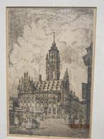Middelburg ets v/h Stadhuis met mensen in Klederdracht, Antiek en Kunst, Kunst | Etsen en Gravures, Ophalen of Verzenden